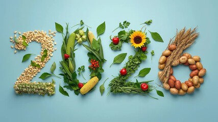 Healthy New Year 2026 Concept: Fresh Organic Produce and Grains Form the Year Number on Blue - Powered by Adobe