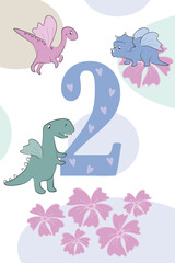 Pastel Winged Dinosaur Number Two Kids Birthday Poster