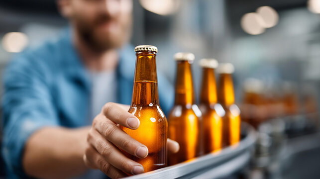 Automated beer bottling process brewery defocused factory worker, faceless quality control, food industry visualization detail, blurred production background, bottling concept, bre
