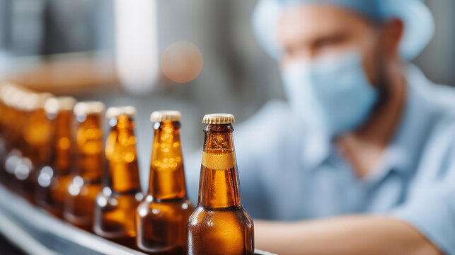 Automated beer bottling process brewery defocused factory worker, faceless quality control, food industry visualization detail, blurred production background, bottling concept, bre