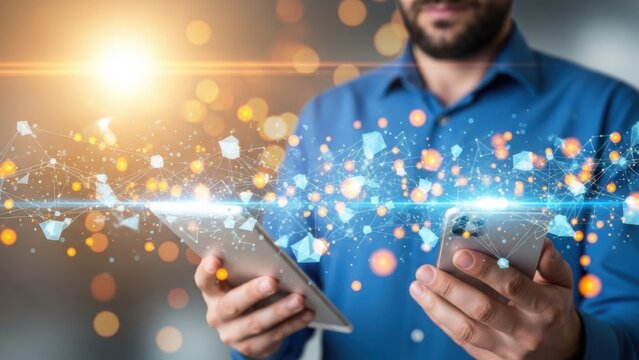 Man holding tablet and phone with glowing digital network connections and data streaming