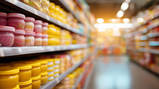 Busy grocery store aisle shelves defocused stocked various, faceless processed foods, preservatives visualization detail, blurred labels background, shelf concept, retail interface