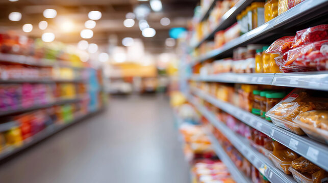 Busy grocery store aisle shelves defocused stocked various, faceless processed foods, preservatives visualization detail, blurred labels background, shelf concept, retail interface