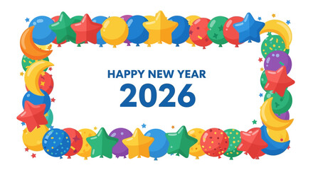 Obraz premium Happy new year 2026 greeting card frame with colorful balloon border isolated on