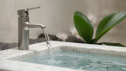 Modern bathroom faucet running water into marble sink with orchid decoration