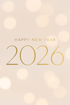 Happy New Year 2026. Minimalist and Elegant Greeting Card Design with Golden Thin Font and Warm Bokeh Lights Background. Vertical Format.