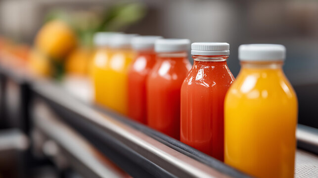 Production juice from fruits berries defocused factory conveyor, faceless bottles juice, beverage visualization detail, blurred production background, manufacturing concept, bottli - Powered by Adobe