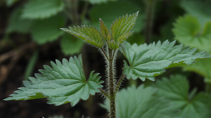 Close-up of a Stinging Nettle Plant with Fresh Green Leaves and Hairs, Showing the Intricate Details of this Wild Herb in a Natural Outdoor Setting