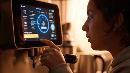 Woman smelling coffee near an automatic espresso machine screen - Powered by Adobe