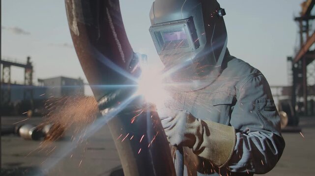 Welder man engaged in arc welding, joining metal pipes together, demonstrating industrial construction and fabrication skill
