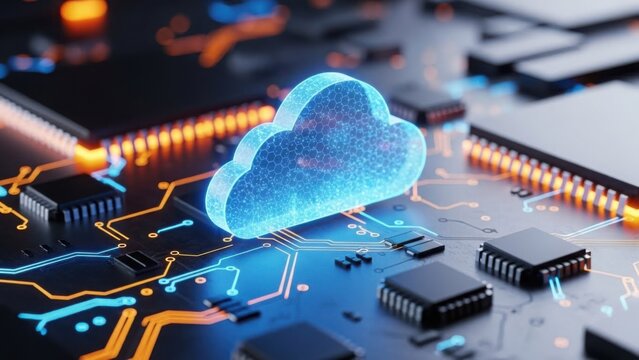 Cloud computing concept with glowing network on a digital circuit board background