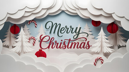 Celebrate the season with a whimsical Merry Christmas design featuring ornaments, candy canes and paper trees for a festive greeting, perfect for holiday cards and joyful promotions