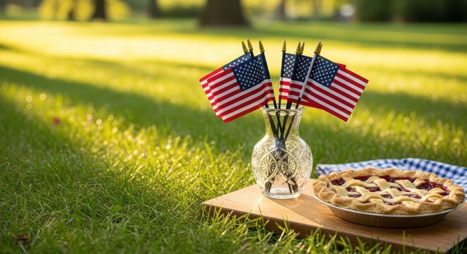 American flags and pie on wooden table in sunny park for Independence Day  