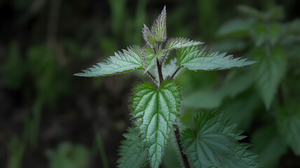 Close-up of a Stinging Nettle Plant with Green Leaves and a Dark Stem in a Natural Outdoor Setting, showcasing the plant's texture and details