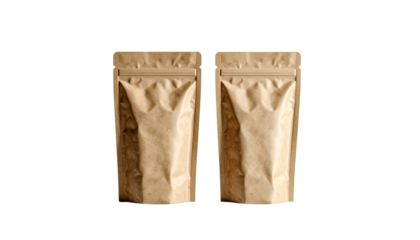Two Blank Brown Kraft Paper Stand Up Pouches Mockup Isolated on White Background PNG