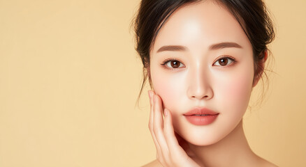 Fototapeta premium a young, beautiful Korean woman with clean, healthy skin touches her face against a beige background.