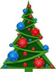 Create a vertical stylized green Christmas tree cutout with red and blue ornaments creates a festive holiday card design suitable for Christmas and New Year greetings. Modern, bold,  vector art.