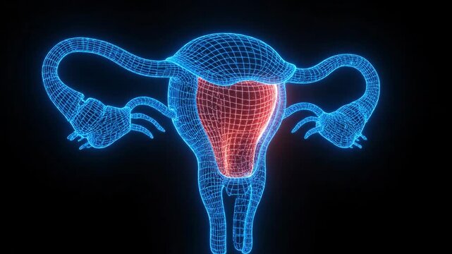 3D wireframe model of female reproductive system uterus and fallopian tubes highlighted in red and blue.