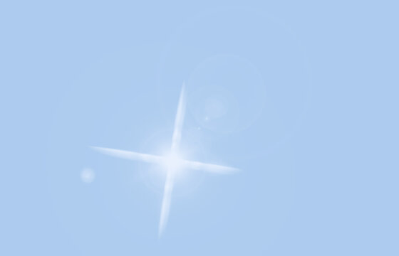 Soft white star flare on a light blue background. Gentle glowing cross light with subtle haze. Ideal for winter designs, dreamy scenes, overlays and christmas background. Copy space.