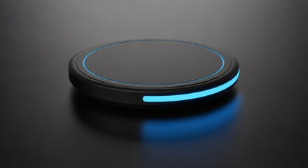 Sleek modern round platform with vibrant blue accent lighting for product display and technology presentations, ideal for showcasing innovation and design