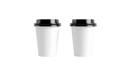 Two Paper Coffee Cups Blank White with Black Lids, Isolated on White Background. 24