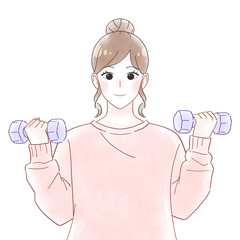 ダンベルを持つ女性　水彩風イラスト