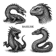 Vintage basilisk mythic creature engraving illustration set