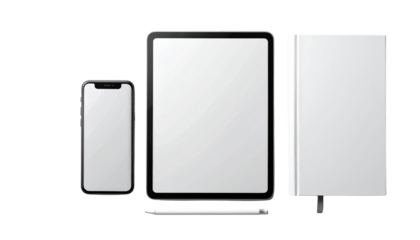 Set of modern digital devices and notebook mockup with blank white screens for design presentation isolated on a white background as a transparent png file
