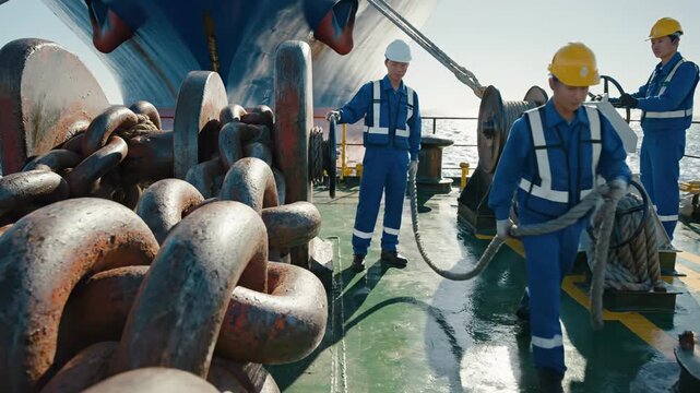 Crew members in hard hats and blue uniforms working on the deck of a large cargo ship, handling heavy anchor chains and ropes under a clear sky.