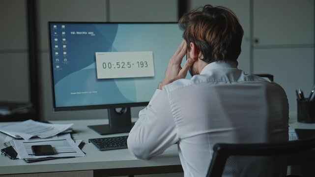 Man looking at computer screen with time indicator displaying numbers, concept for data analysis and digital processing - Powered by Adobe