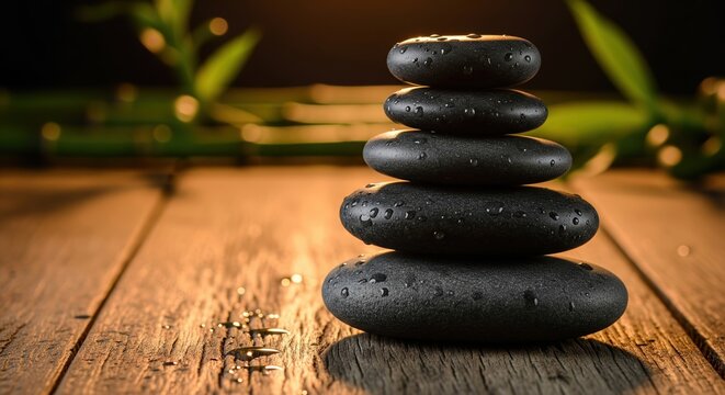 serene stacked black stones with bamboo backdrop and gentle water droplets glistening