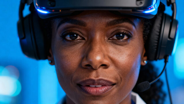 Innovative woman engages with virtual reality technology in a modern workspace