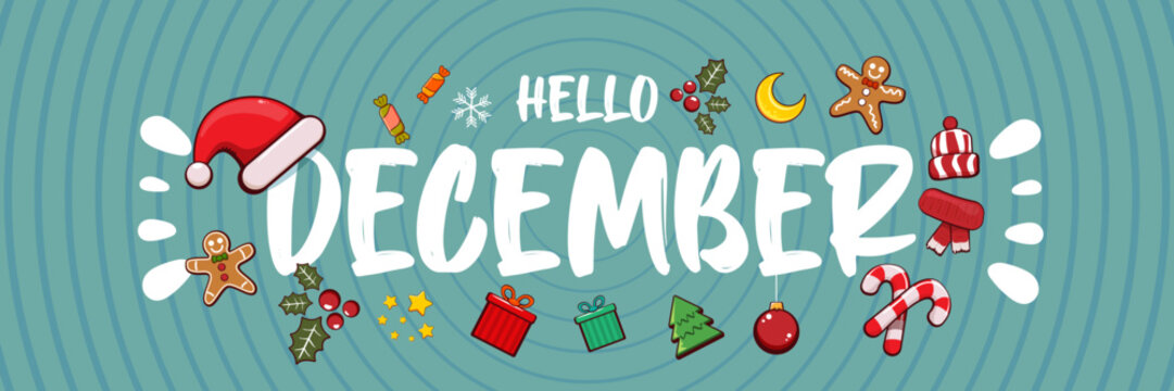 Hello December banner design template with santa hat, christmas tree, candy, hat, mittens, stars, gifts, balls, moon, gingerbread man, cookies. Hello December blue sticker on blue abstract background