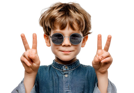 Boy in blue denim shirt showing peace sign wearing round sunglasses in front of transparent background close up portrait - Powered by Adobe