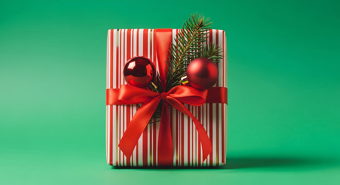 A green backdrop frames a festive Christmas gift with a pine sprig red baubles and a striped present 64014319 1
