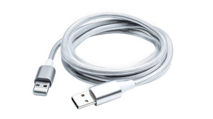 Silver usb cable isolated on transparent background, coiled and ready