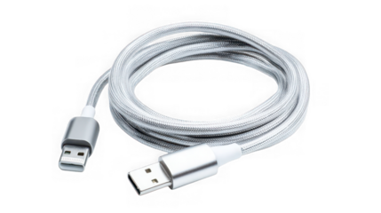 Silver usb cable isolated on transparent background, coiled and ready