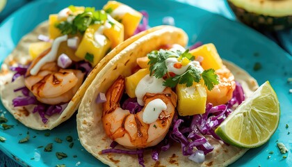 Grilled shrimp tacos with vibrant mango salsa, purple cabbage, and creamy sauce on a bright blue plate, garnished with fresh cilantro and a lime wedge.