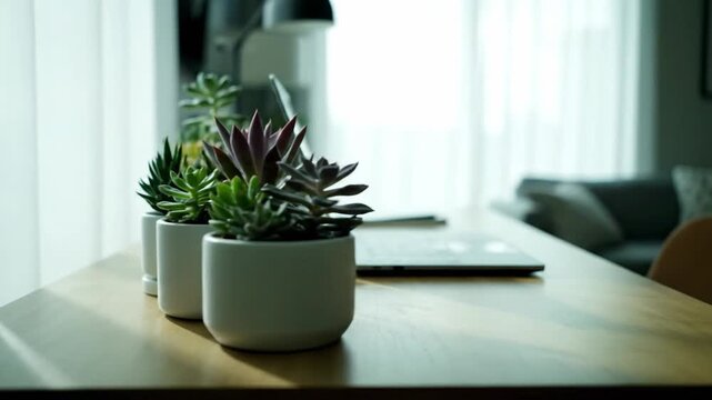 Succulent plants in pots on a desk near a bright window.