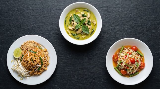 Overhead view of three classic Thai dishes: green curry, pad Thai, and som tum, served on a dark background.
