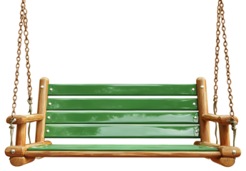 Classic wooden porch swing with green painted seat hanging from metal chains against transparent background