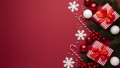 Festive Holiday Gifts and Ornaments on Red Background Season s Greetings Celebration