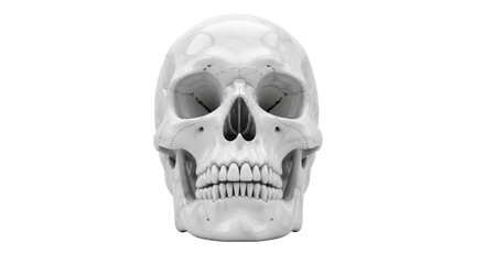 Isolated human skull anatomy showing teeth and bone structure in medical skeletal rendering