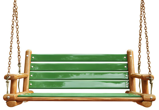 Classic wooden porch swing with green painted seat hanging from metal chains against transparent background