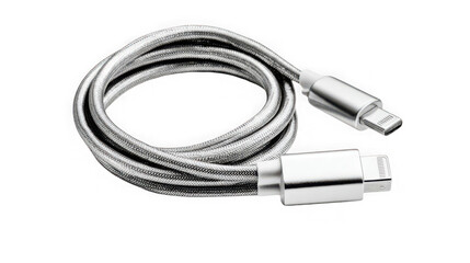Silver charging cable isolated on transparent background, coiled on surface