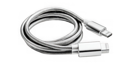 Silver charging cable isolated on transparent background, coiled on surface