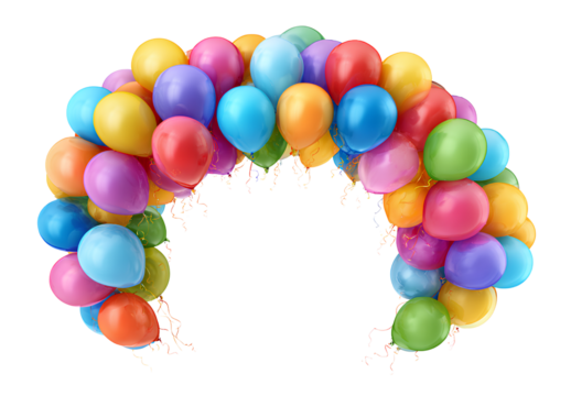 Colorful balloons arch for birthday decoration in shades of red blue yellow green and purple on transparent backdrop
