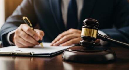Legal professional writing document with gavel on desk