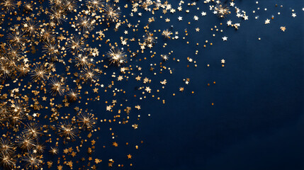 Elegant New Year 2026 celebration flat lay with golden fireworks confetti on dark blue background, copy area
