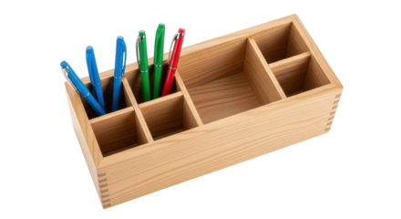 Isolated wooden desk organizer containing some colorful pens for storing office items